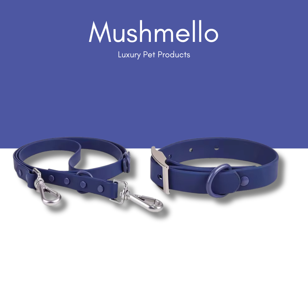Mushmello Secure Waterproof Harness with Collar and Leash Set - Navy Blue