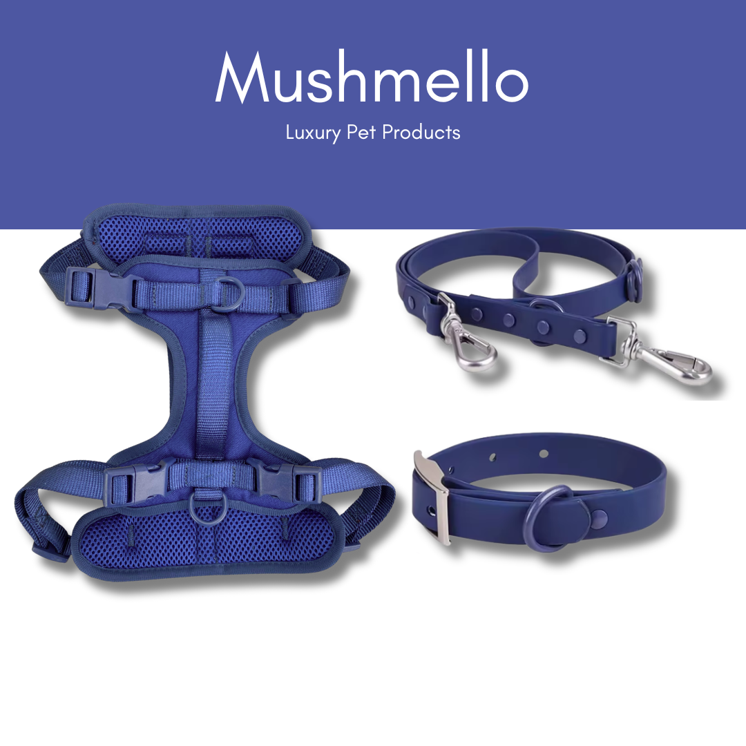 Mushmello Secure Waterproof Harness with Collar and Leash Set - Navy Blue