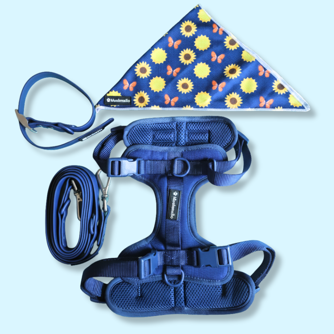 Mushmello Secure Waterproof Harness with Collar and Leash Set - Navy Blue