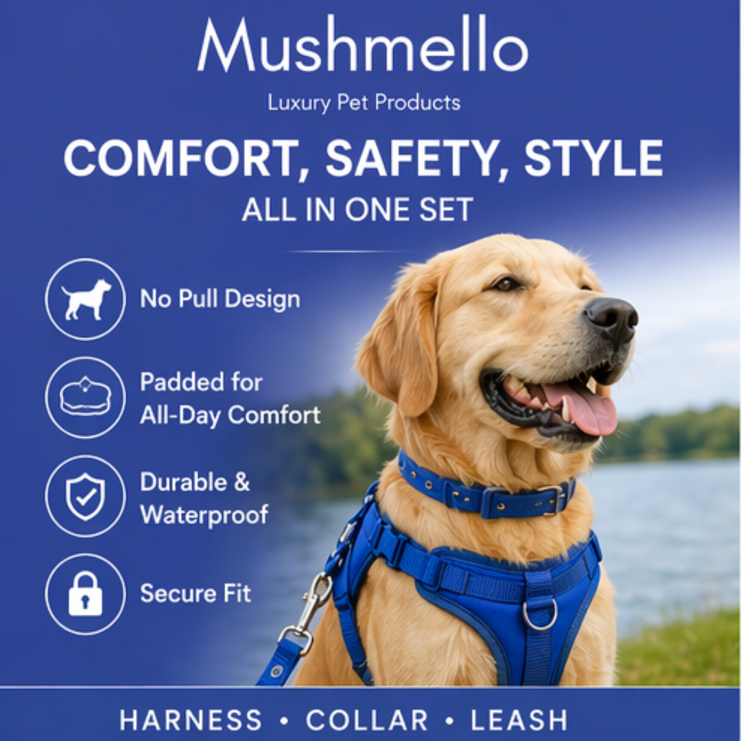 Mushmello Secure Waterproof Harness with Collar and Leash Set - Purple