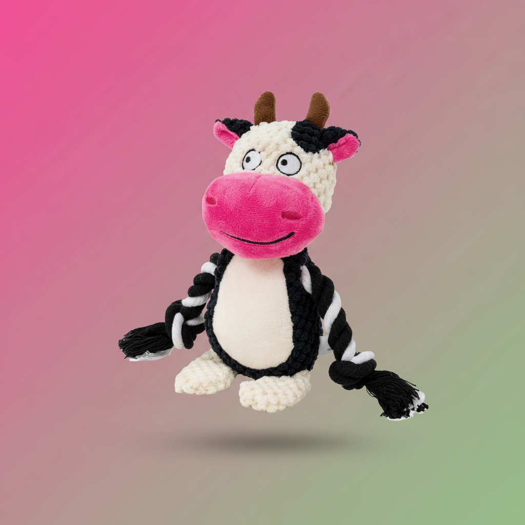 Mushmello Clover the Cow | Squeaky Rope Dog Toy with Crinkle Ears
