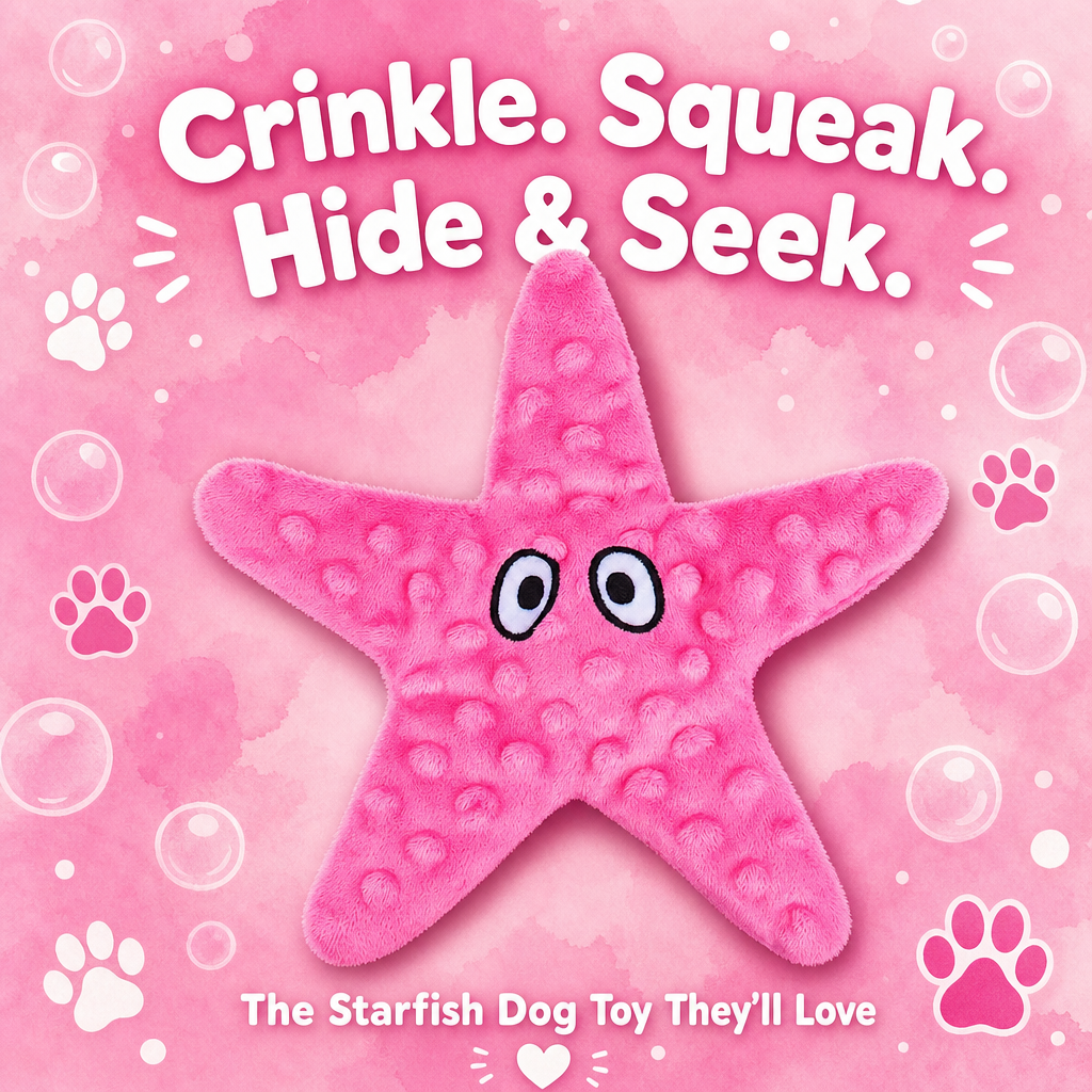 Mushmello Stella the Starfish | Squeaky Crinkle Dog Toy with hidden treat pocket