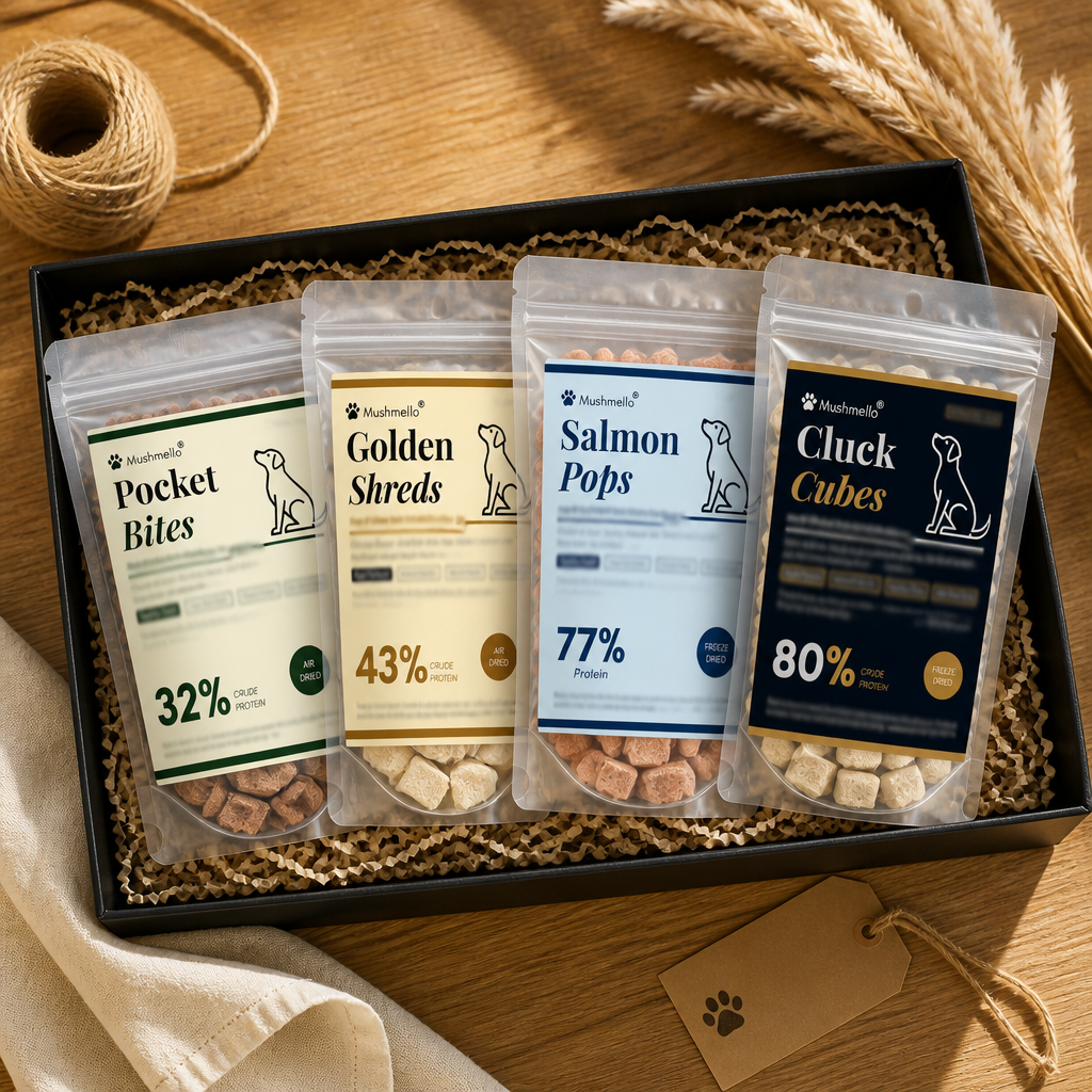 Mushmello The Treat Stash | Chicken, Salmon, Cod & Chicken Strips | Natural Dog Treats Bundle | 4 x 100g