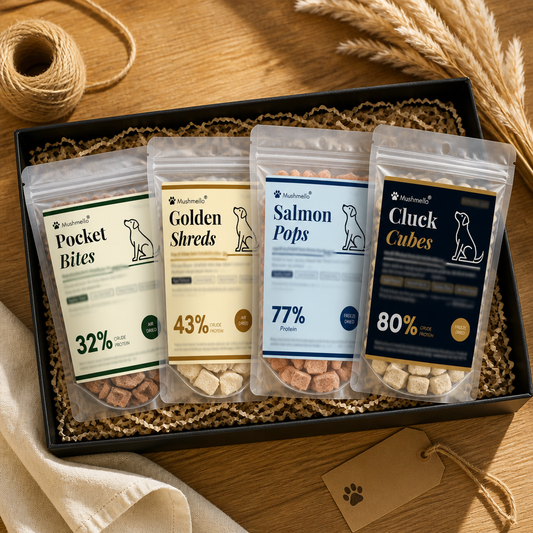 Mushmello The Treat Stash | Chicken, Salmon, Cod & Chicken Strips | Natural Dog Treats Bundle | 4 x 100g