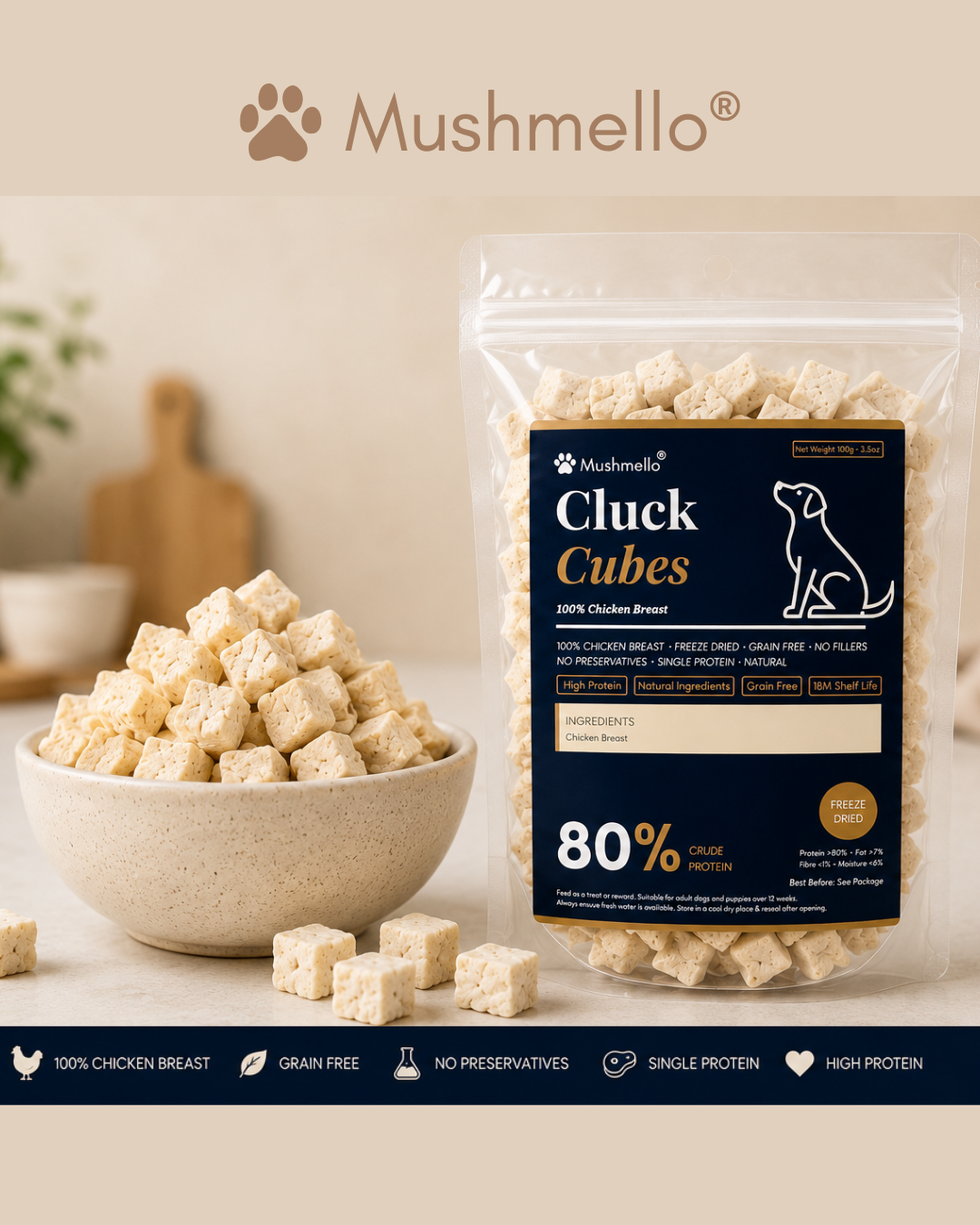 Mushmello Cluck Cubes | Freeze Dried Chicken Dog Treats