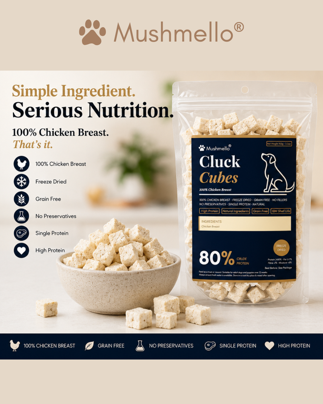 Mushmello Cluck Cubes | Freeze Dried Chicken Dog Treats