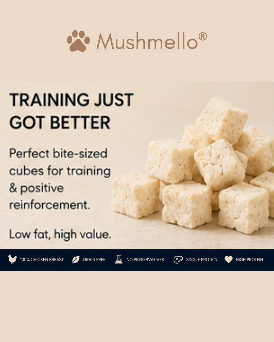 Mushmello Cluck Cubes | Freeze Dried Chicken Dog Treats
