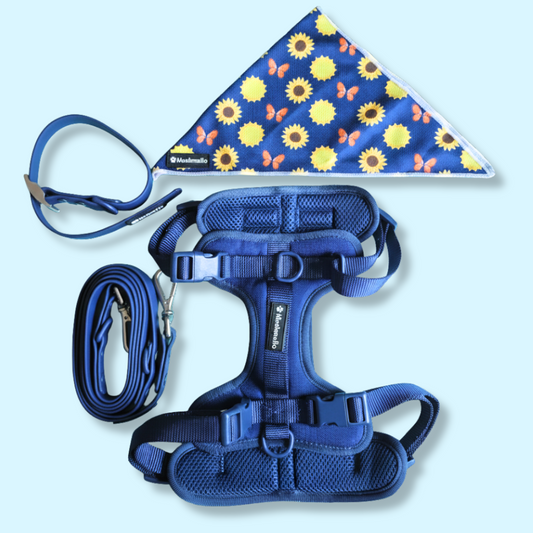 Mushmello Secure Waterproof Harness with Collar and Leash Set - Navy Blue