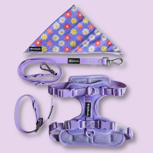 Mushmello Secure Waterproof Harness with Collar and Leash Set - Purple