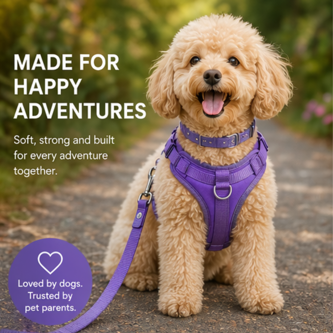 Mushmello Secure Waterproof Harness with Collar and Leash Set - Purple