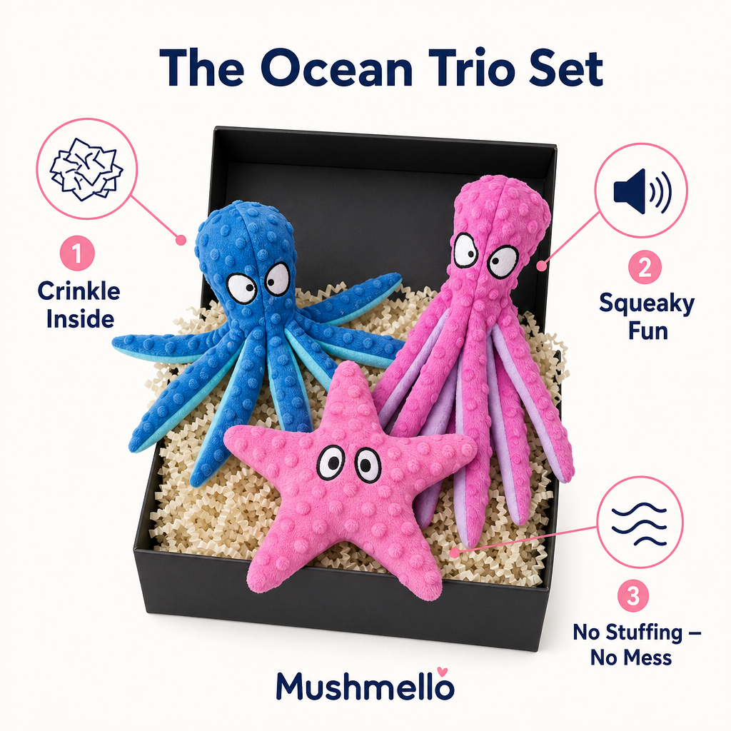 Mushmello Ocean Duo or Trio | Ozzy, Pearl & Stella | Squeaky Crinkle Dog Toy Bundle | No Stuffing