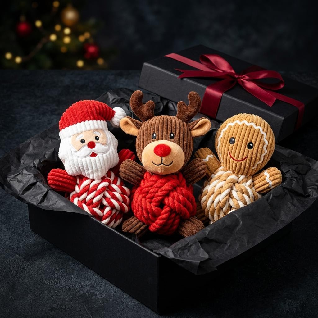 COMING SOON, PRE-ORDER NOW: Mushmello Christmas Crew | Set of 3 Rope & Squeak Dog Toys