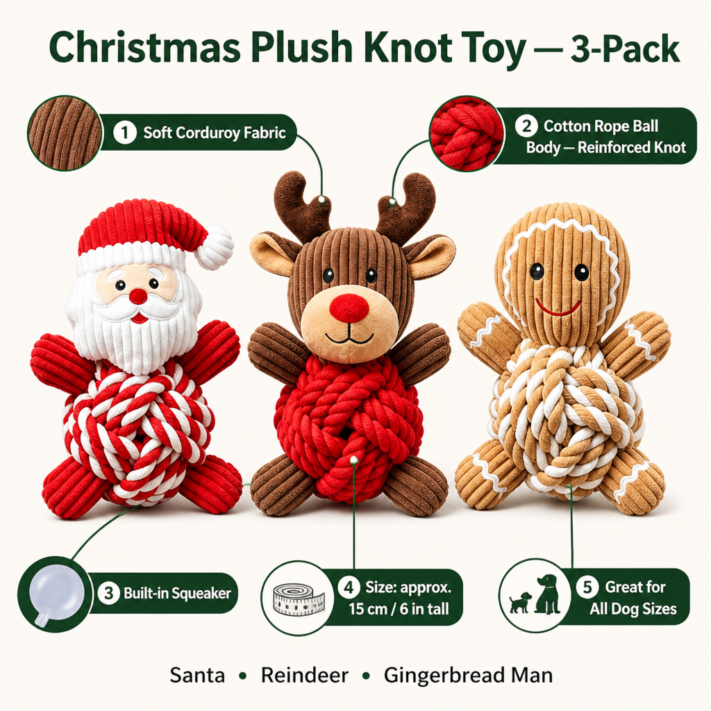 COMING SOON, PRE-ORDER NOW: Mushmello Christmas Crew | Set of 3 Rope & Squeak Dog Toys