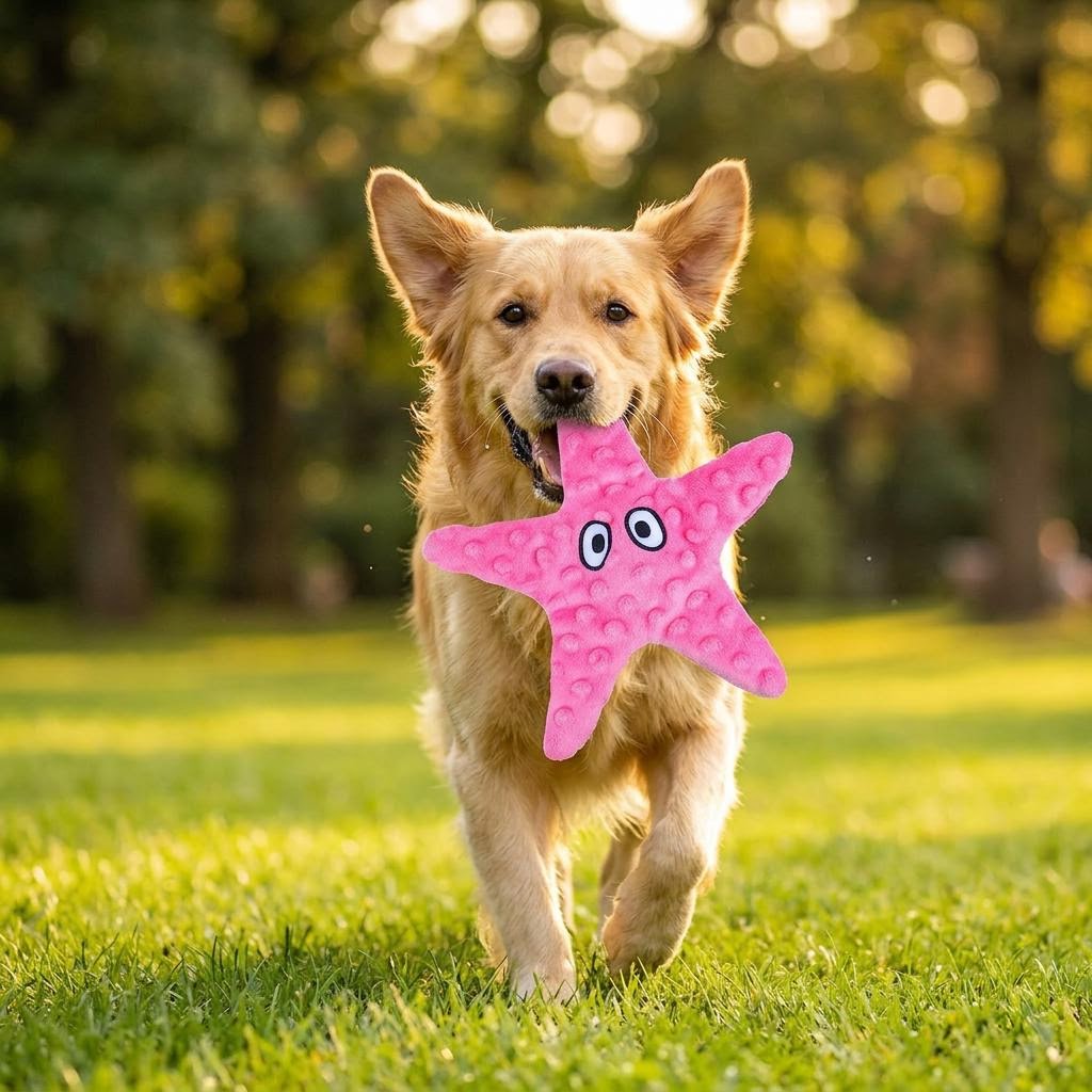 Mushmello Stella the Starfish | Squeaky Crinkle Dog Toy with hidden treat pocket
