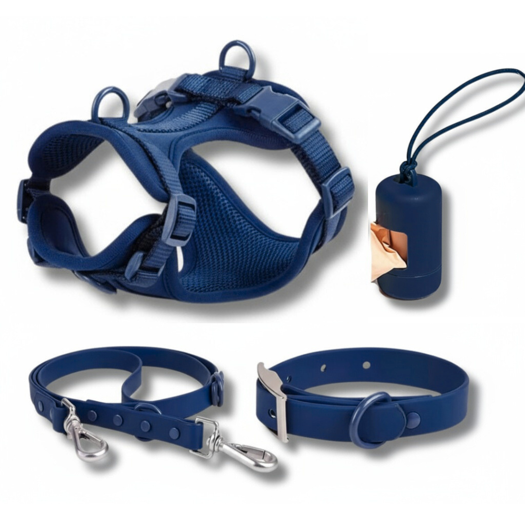 Mushmello Tough Waterproof Harness, Collar and Leash Set - Navy Blue