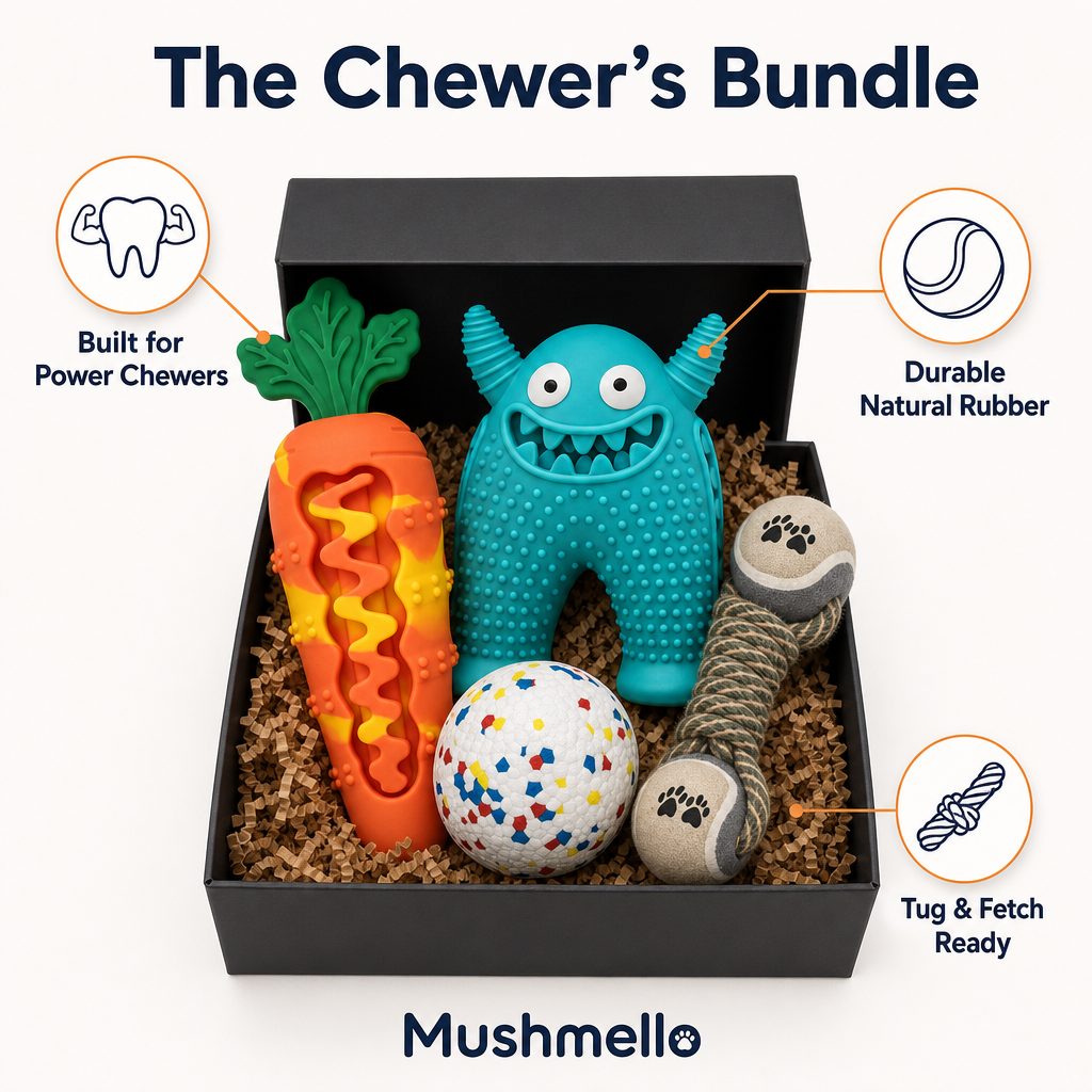 Mushmello Chewer's Bundle | Rex, Crunch, Bounce Ball & Dumbell | Dental Chew Dog Toy Set