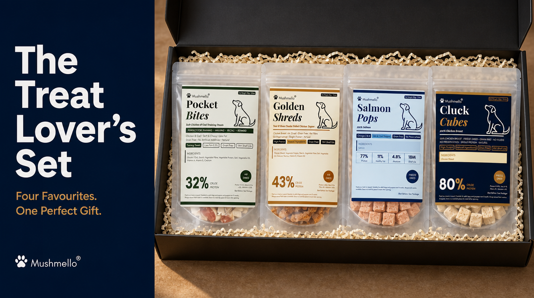 Mushmello The Treat Stash | Chicken, Salmon, Cod & Chicken Strips | Natural Dog Treats Bundle | 4 x 100g
