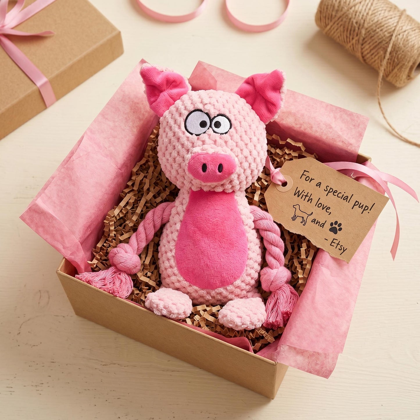 Mushmello Penny the Pig | Squeaky Rope Dog Toy with Crinkle