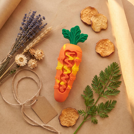 Mushmello Crunch the Carrot | Squeaky Latex Dog Chew Toy | Dental Teething Stick | Boredom Relief