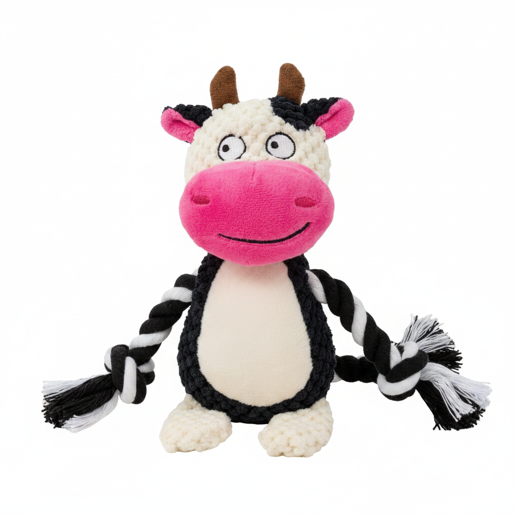 Mushmello Clover the Cow | Squeaky Rope Dog Toy with Crinkle Ears