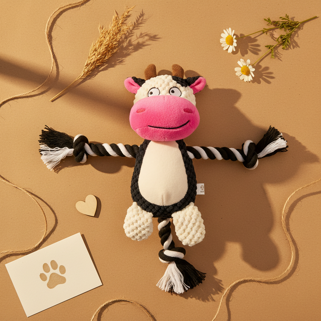 Mushmello Clover the Cow | Squeaky Rope Dog Toy with Crinkle Ears