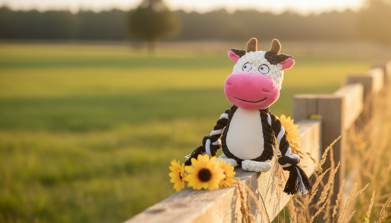 Mushmello Clover the Cow | Squeaky Rope Dog Toy with Crinkle Ears