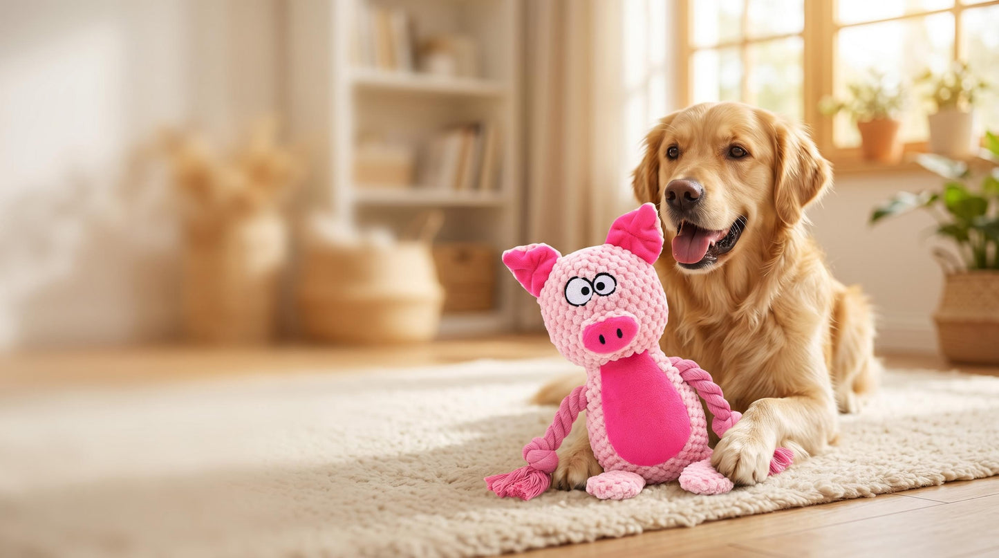 Mushmello Penny the Pig | Squeaky Rope Dog Toy with Crinkle