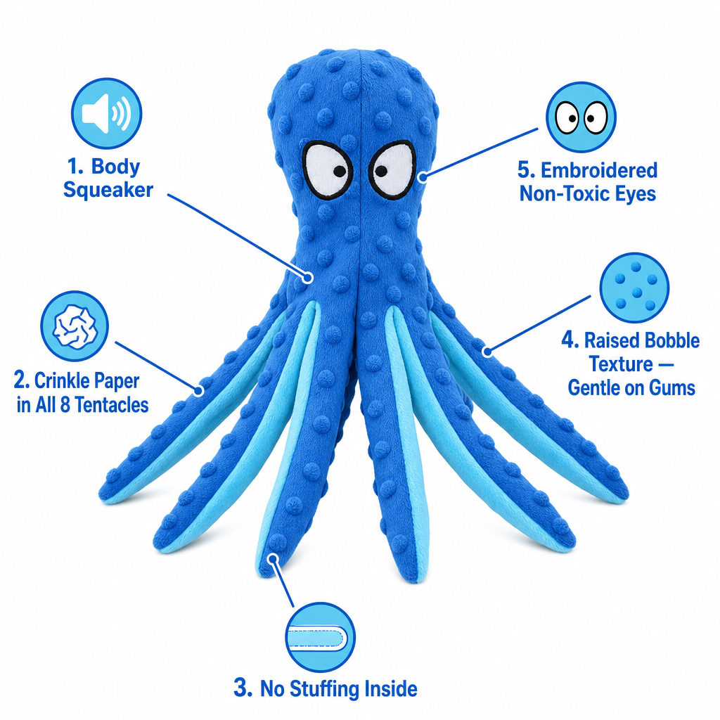 Mushmello Ozzy the Octopus | Squeaky Crinkle Dog Toy