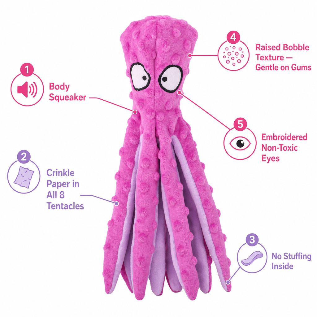 Mushmello Pearl the Octopus | Squeaky Crinkle Dog Toy