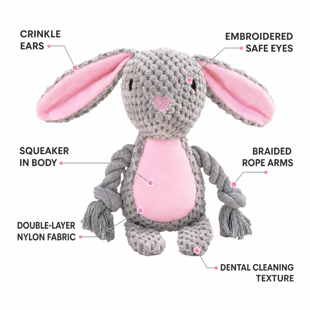 Mushmello Bea the Bunny | Squeaky Rope Dog Toy with Crinkle Ears