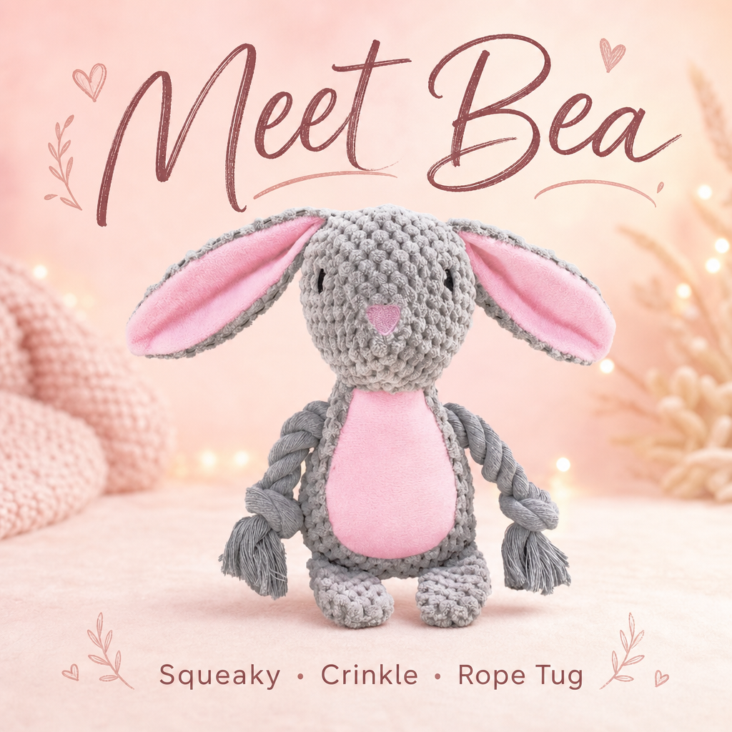 Mushmello Bea the Bunny | Squeaky Rope Dog Toy with Crinkle Ears