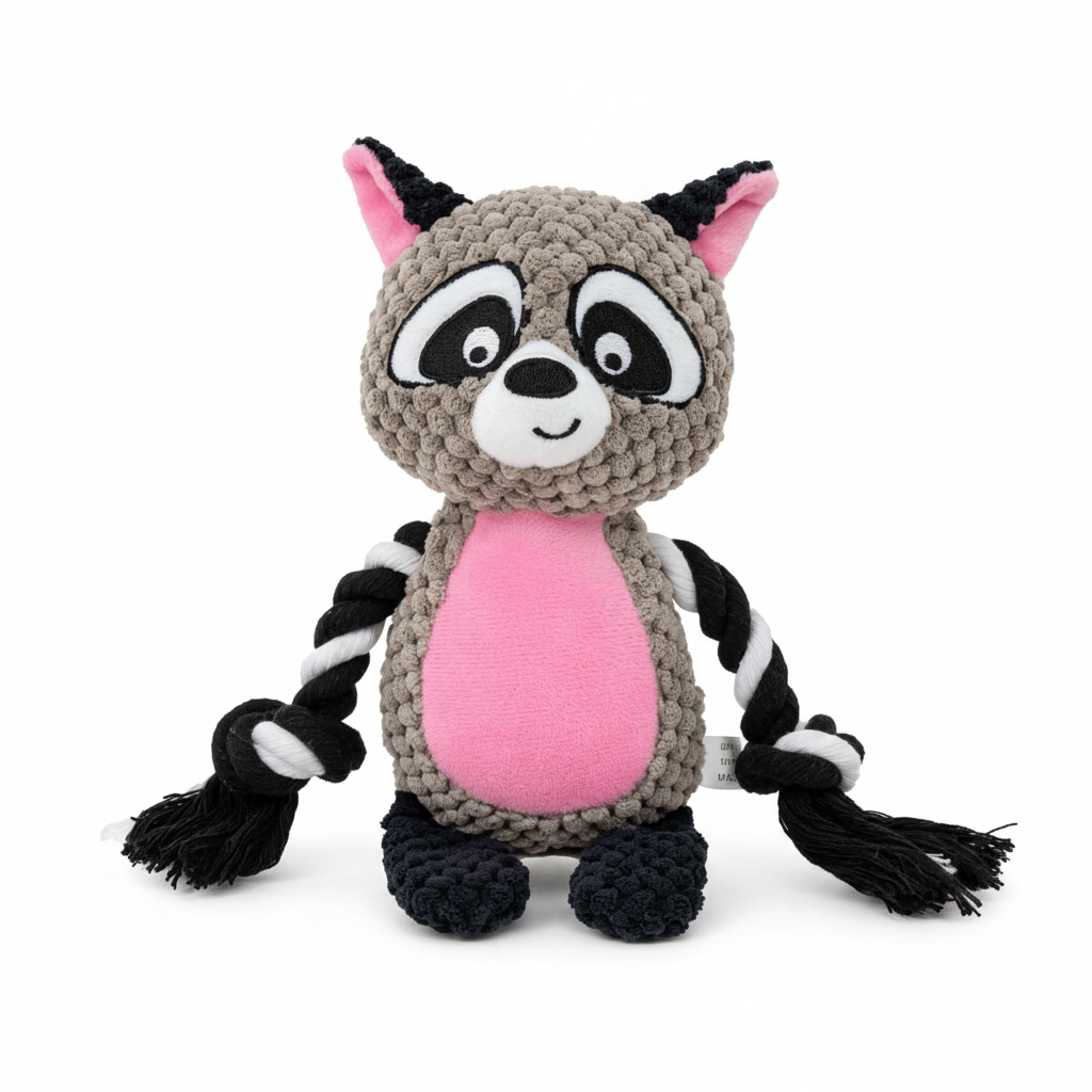 Mushmello Rocky the Raccoon | Squeaky Rope Dog Toy with Crinkle Ears