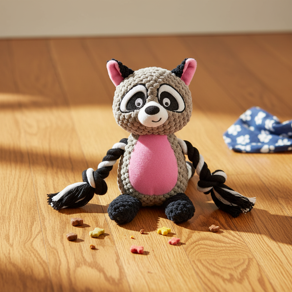 Mushmello Rocky the Raccoon | Squeaky Rope Dog Toy with Crinkle Ears