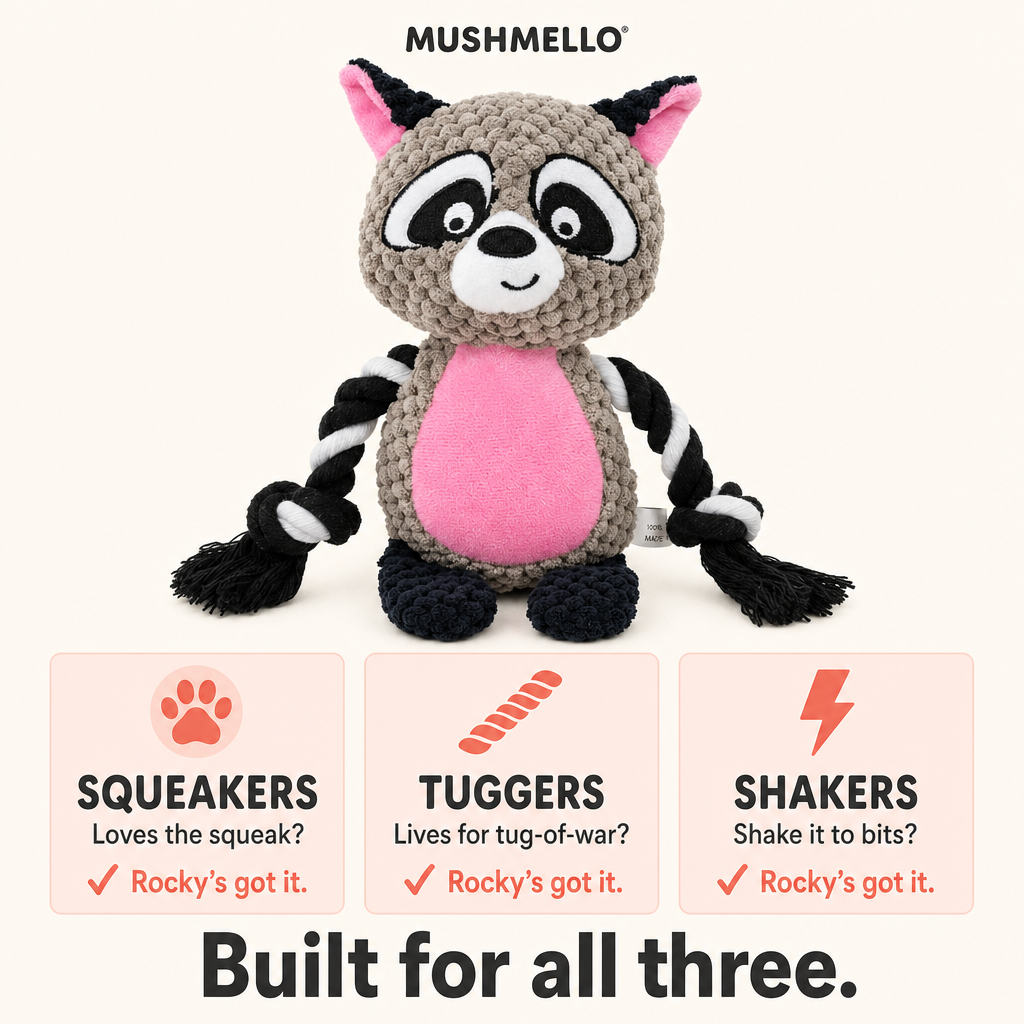 Mushmello Rocky the Raccoon | Squeaky Rope Dog Toy with Crinkle Ears