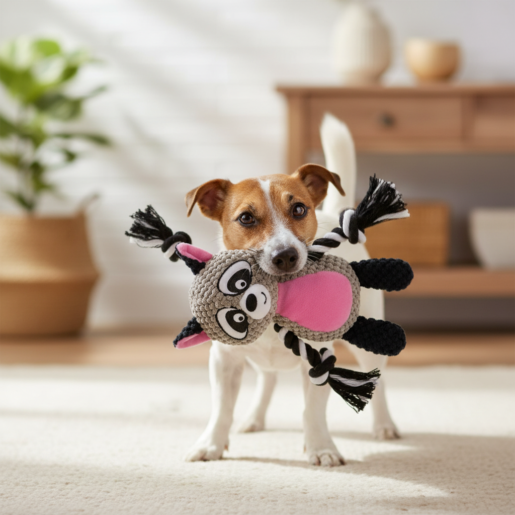 Mushmello Rocky the Raccoon | Squeaky Rope Dog Toy with Crinkle Ears