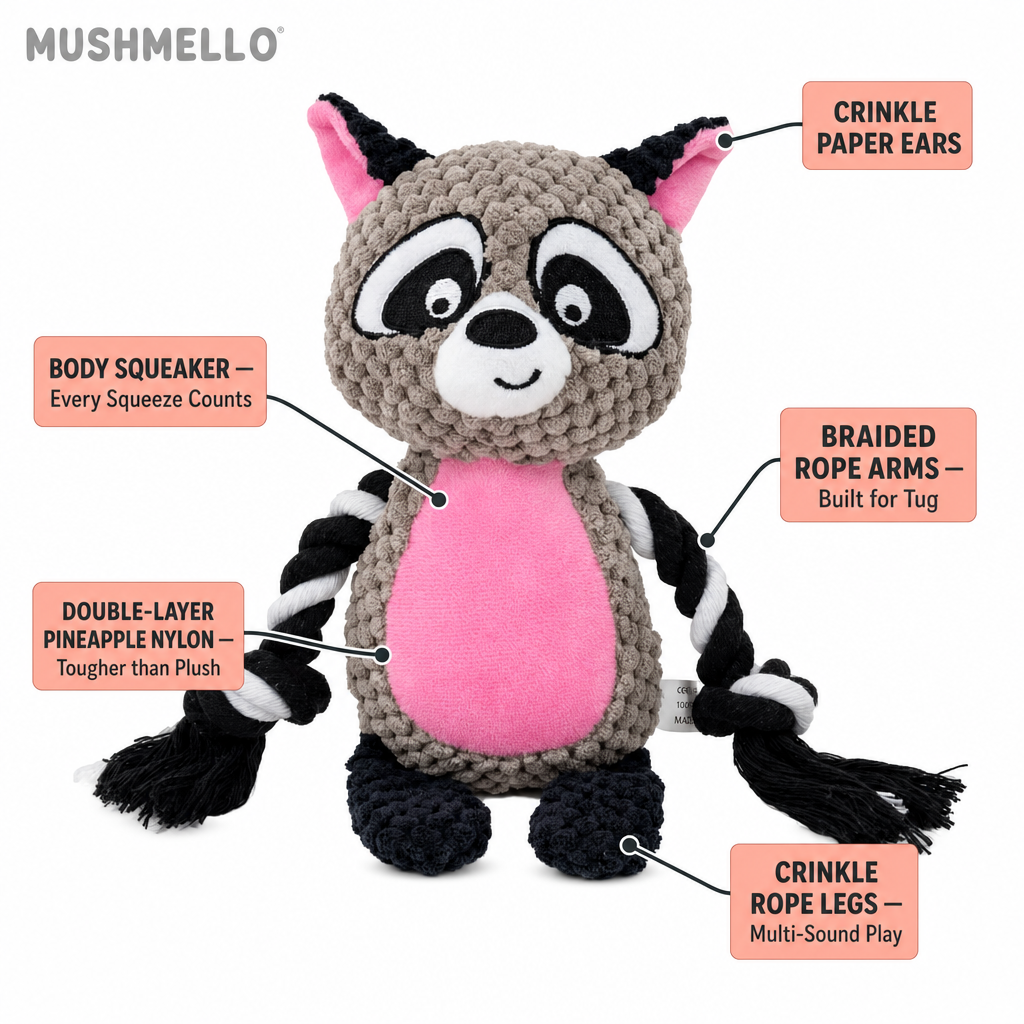 Mushmello Rocky the Raccoon | Squeaky Rope Dog Toy with Crinkle Ears