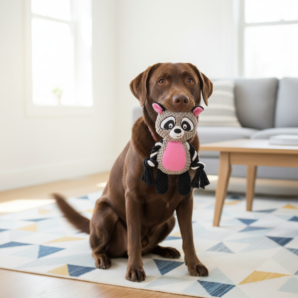 Mushmello Rocky the Raccoon | Squeaky Rope Dog Toy with Crinkle Ears