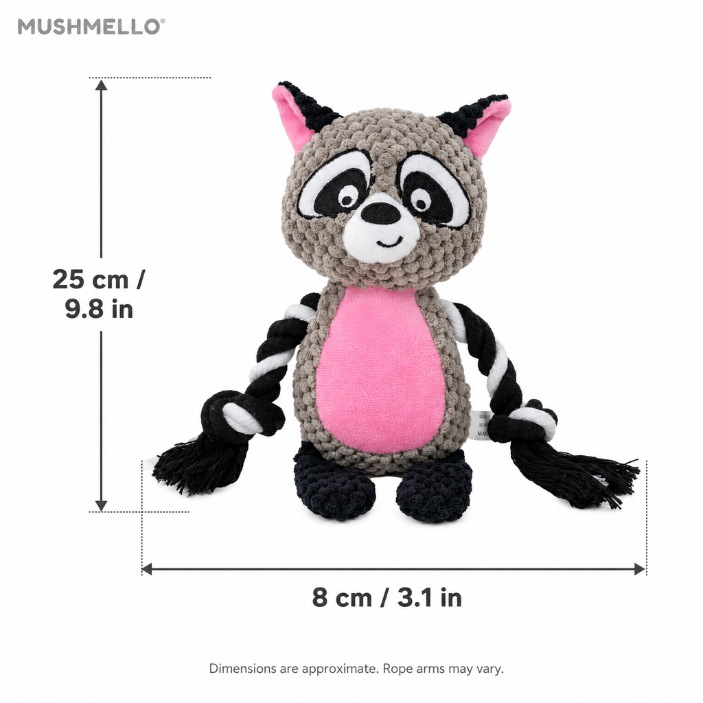 Mushmello Rocky the Raccoon | Squeaky Rope Dog Toy with Crinkle Ears