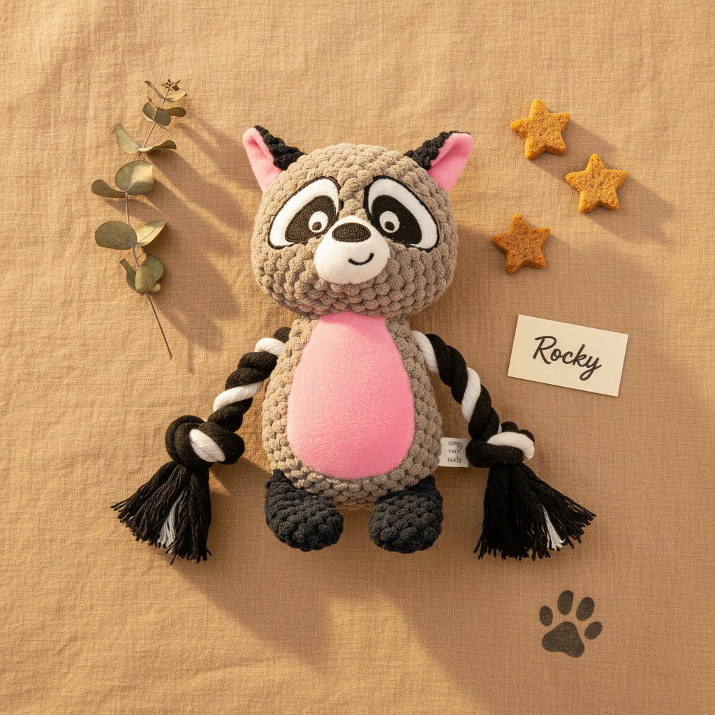 Mushmello Rocky the Raccoon | Squeaky Rope Dog Toy with Crinkle Ears