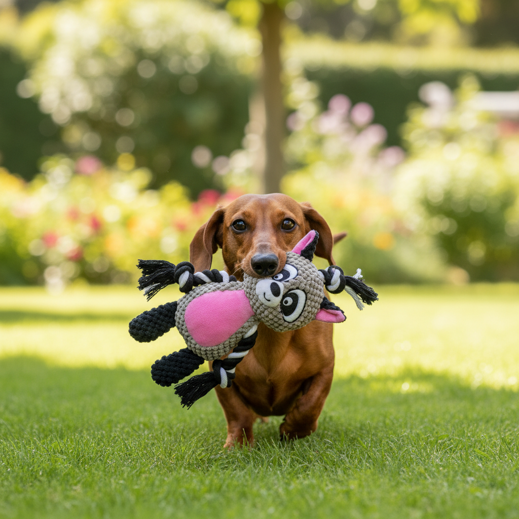 Mushmello Rocky the Raccoon | Squeaky Rope Dog Toy with Crinkle Ears