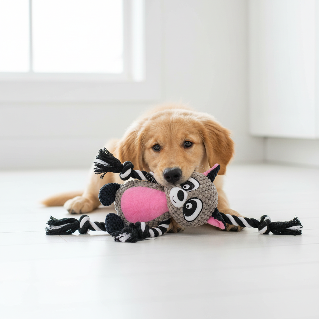 Mushmello Rocky the Raccoon | Squeaky Rope Dog Toy with Crinkle Ears